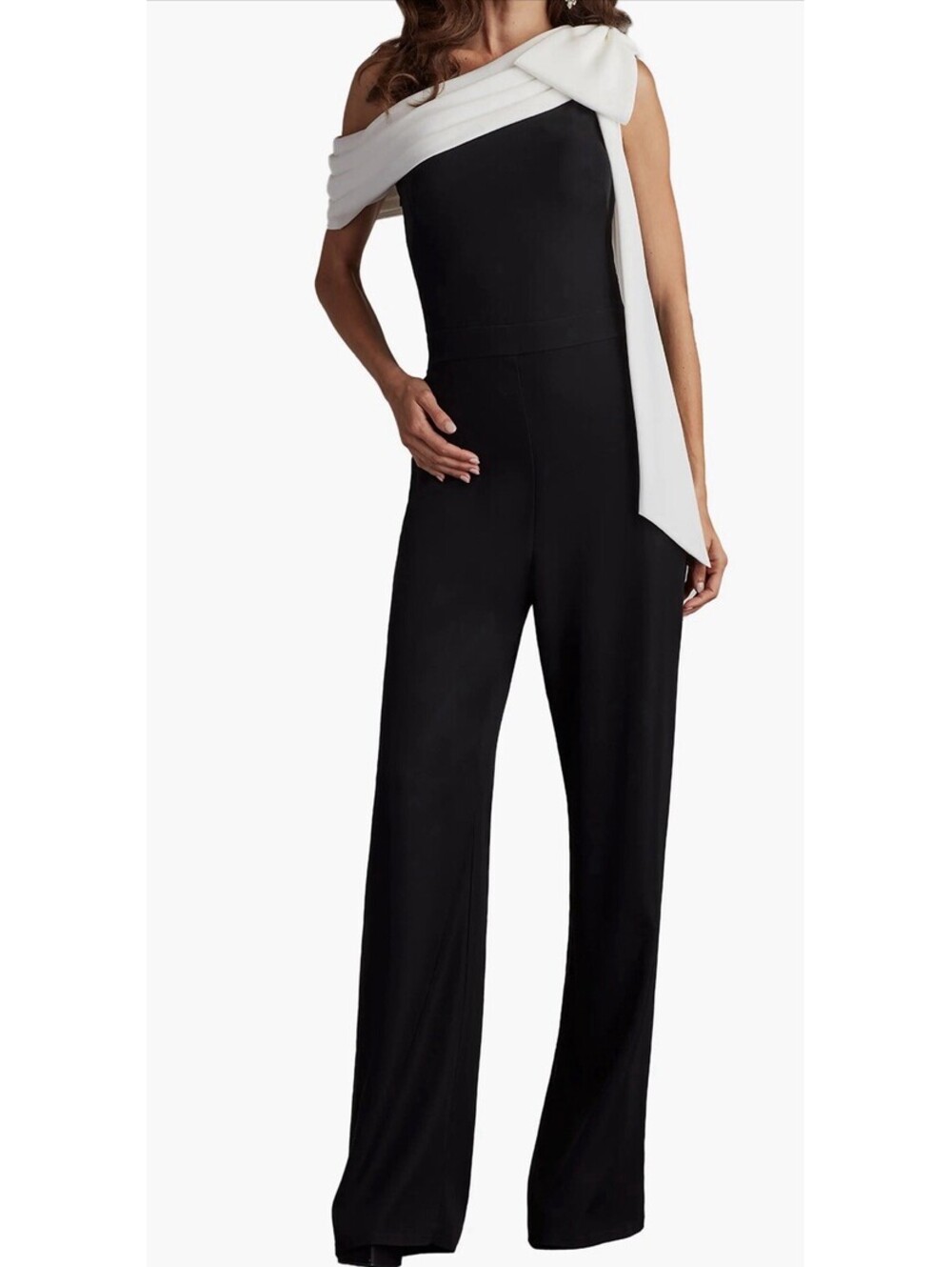 New Tadashi Shoji Bow One-Shoulder Crepe Jumpsuit In Black White Size L $438